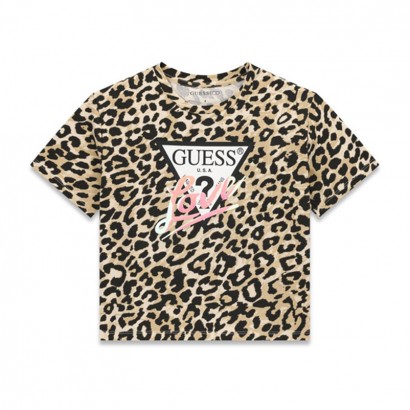 Детска памучна тениска Guess за момиче с лого и принт