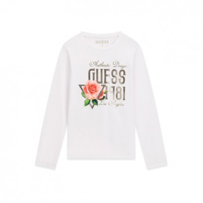 Детска блуза Guess за момиче с дълъг ръкав с лого и роза