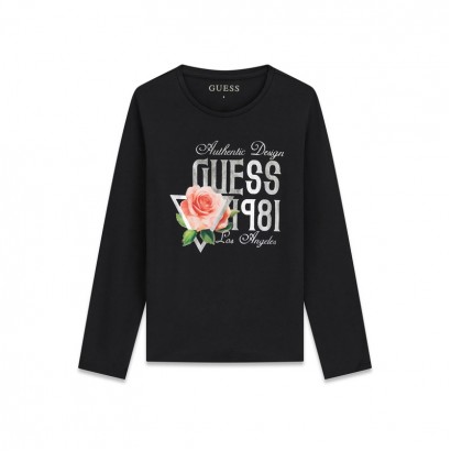 Детска блуза Guess за момиче с дълъг ръкав с лого и роза