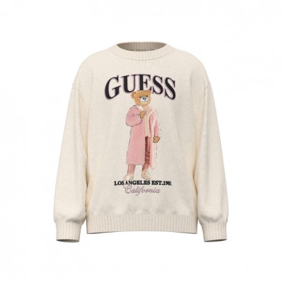 Детски пуловер Guess за момиче с мече и лого