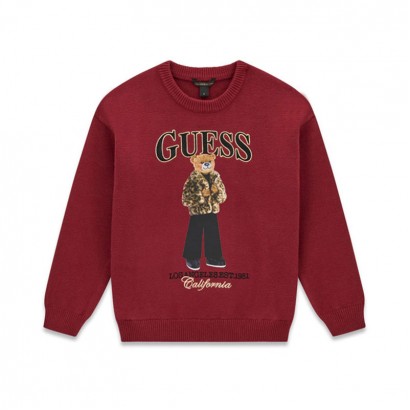 Детски пуловер Guess за момиче с мече и лого