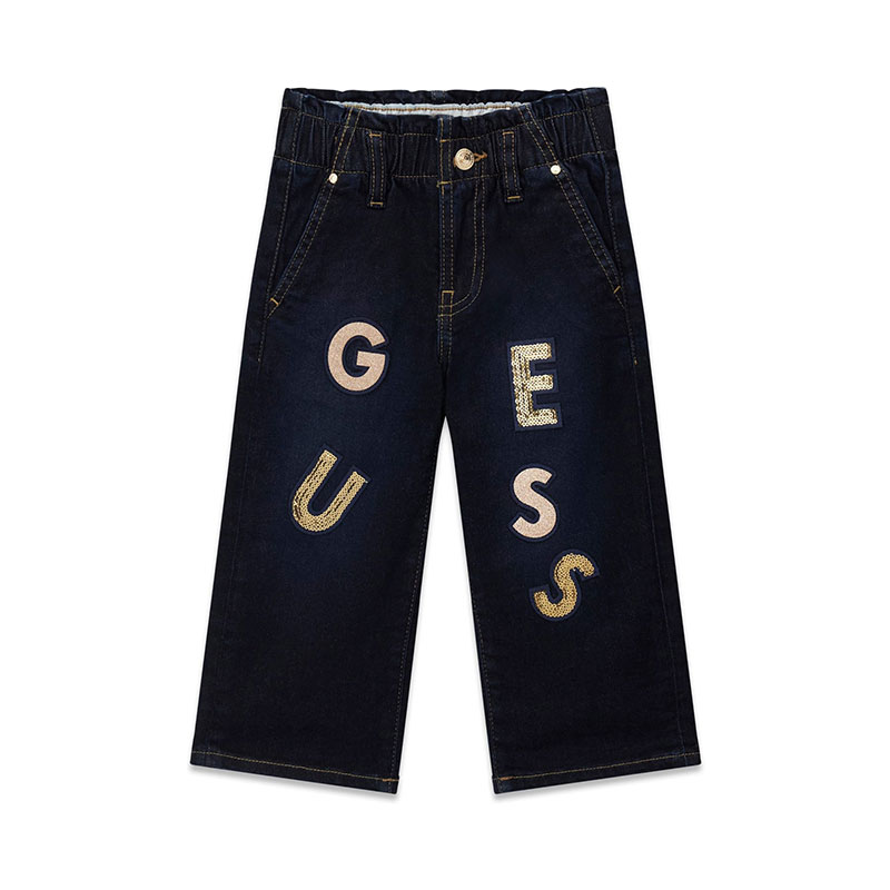 Детски дънки Guess за момиче широк крачол и лого