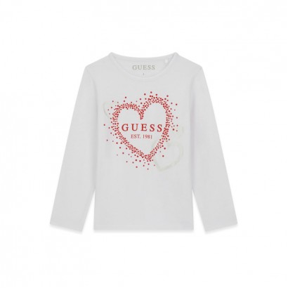 Детска памучна блуза Guess за момиче с лого и сърца
