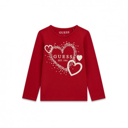 Детска памучна блуза Guess за момиче с лого и сърца