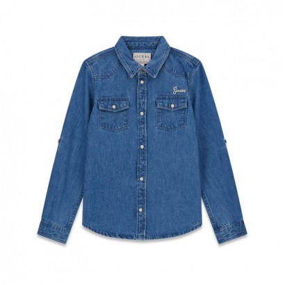 Детска дънкова риза Guess за момче с бродерия лого на гърба