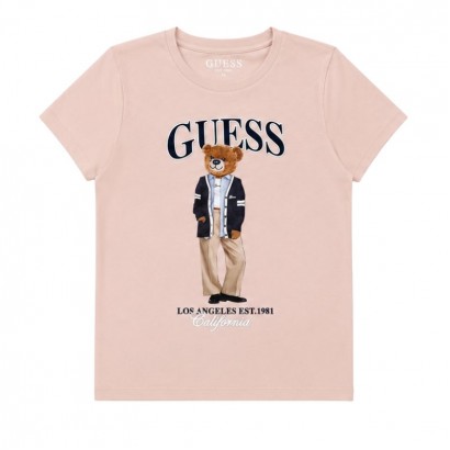 Детска тениска Guess за момиче с апликация мече и лого