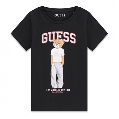 Детска тениска Guess за момиче с апликация мече и лого