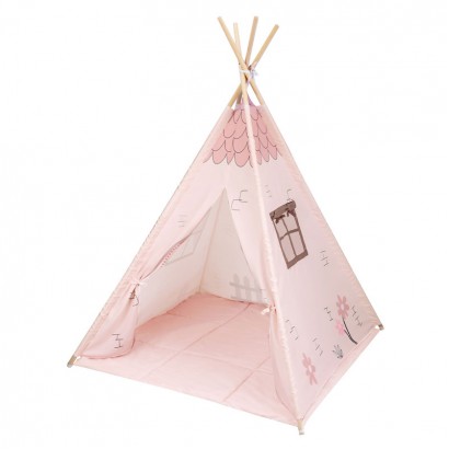 Kikkaboo Дървена палатка за игра с мека подложка Pink House